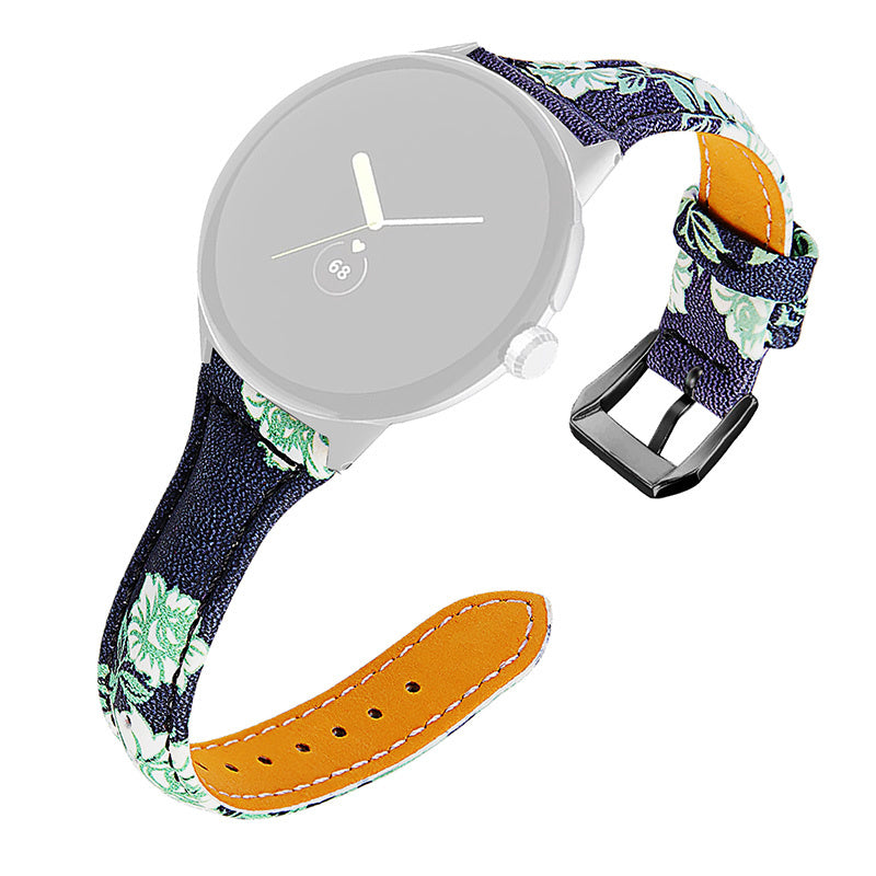 For Google Pixel Watch 2 Pixel Watch Flower Pattern Genuine Leather Watch Band Replacement Strap with Black Connector For Google Pixel Watch 2 Pixel Watch Flower Pattern Genuine Leather Watch Band Replacement Strap with Black Connector